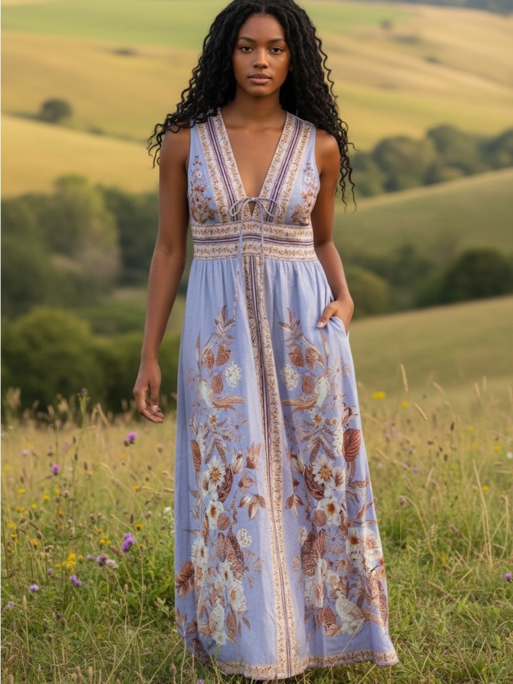 Caroline Constas Tuckernuck Lavender Linen Maxi Dress Cream Rust Floral Print